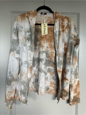T Party Fashion Tie-Dye Zip Hoodie in Cream, Gray & Brown